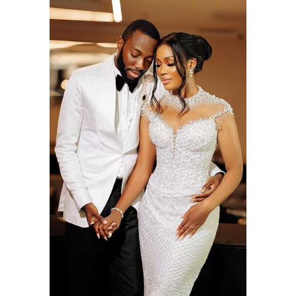 IS-NWT US24W Mermaid Wedding Dress Detachable Train High Neck Gown Cap Sleeve - Picture 1 of 5